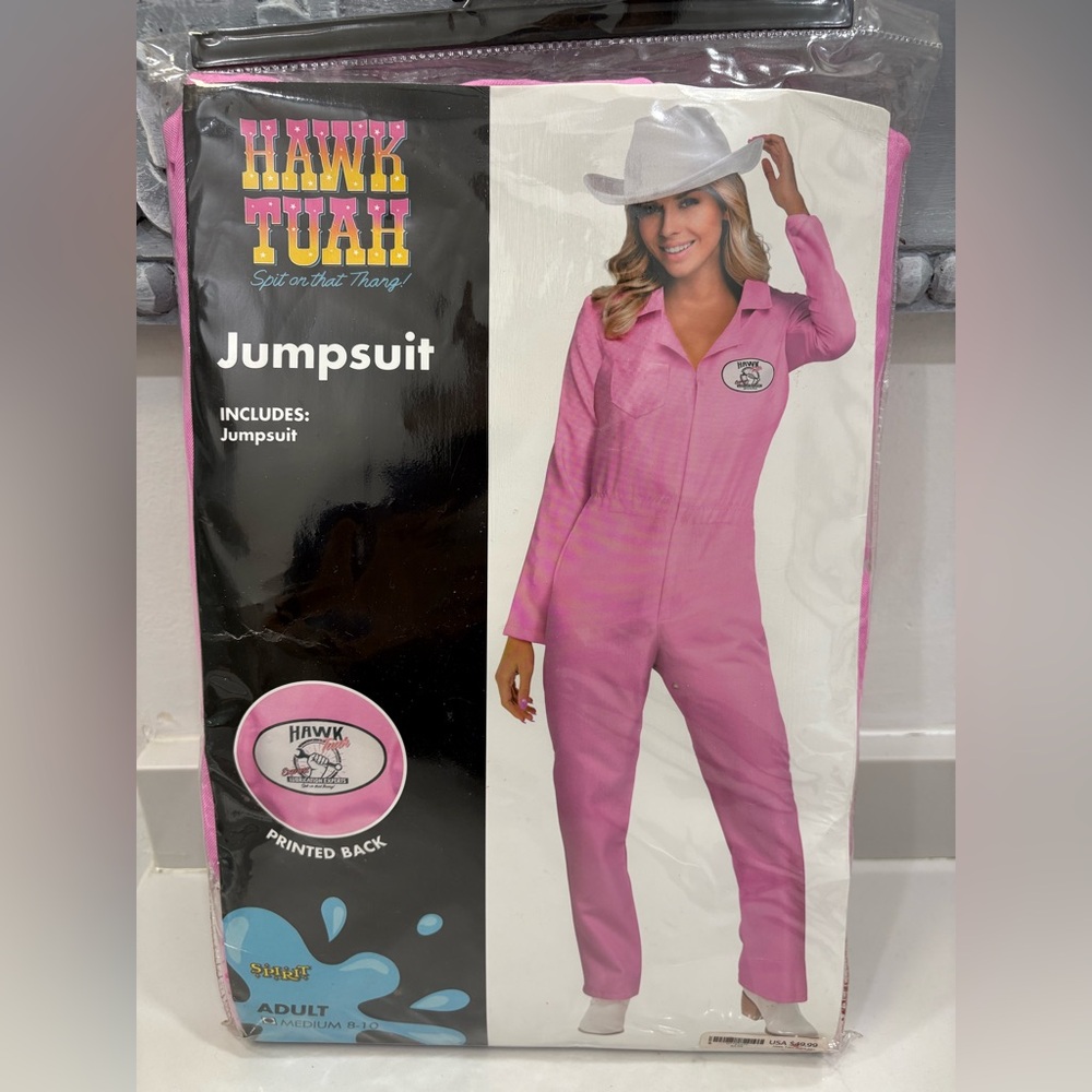 New Spirit Halloween Woman’s Hawk Tuah Pink Jumpsuit Costume Size M 8-10